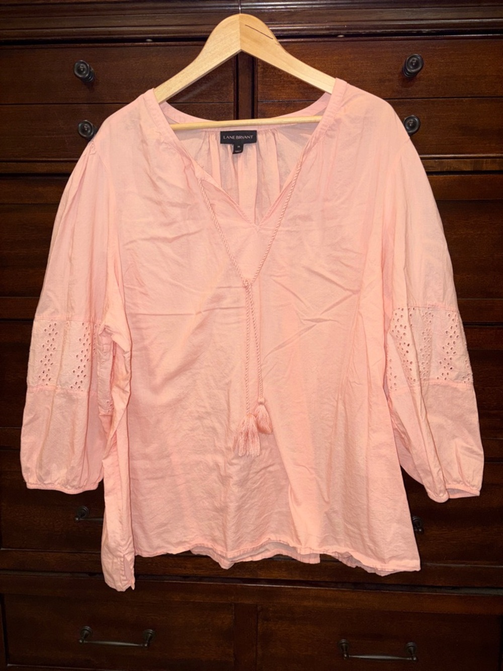 Lane Bryant Blush Pink Eyelet Peasant Blouse 3/4 Sleeve V-Neck Tassel Tie 26